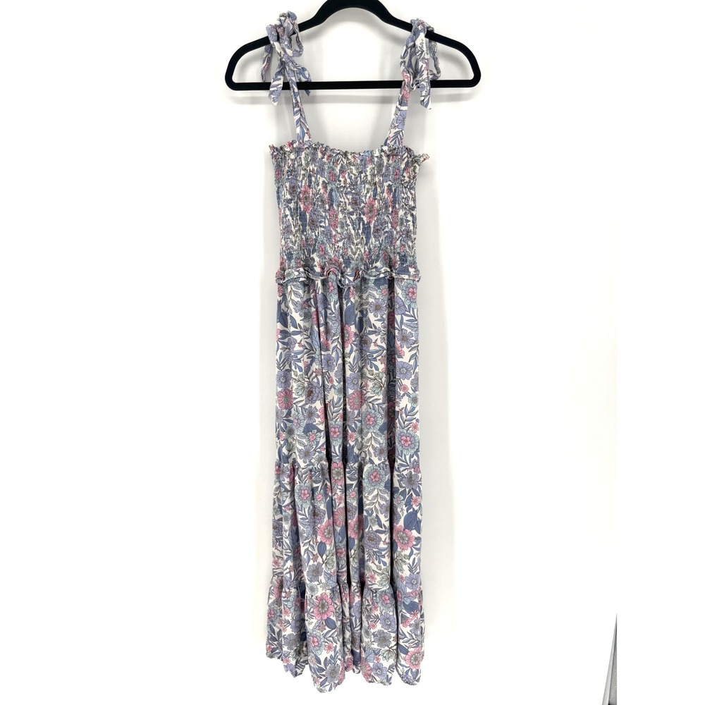 Petal + Pup Maxi Dress Floral Smocked Tiered 2 Blue Pink  Boho Cottagecore